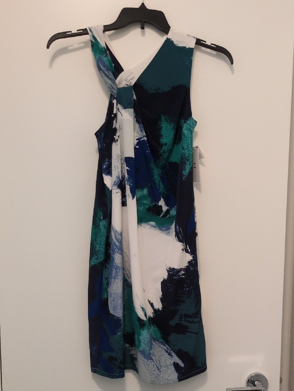 Halston Sleeveless Abstract Print Shift Dress in Teal & Navy